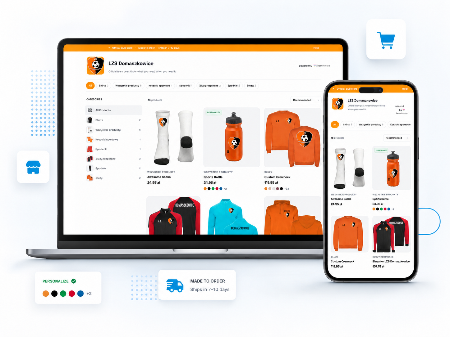 A TeamPrinted club store on laptop and phone